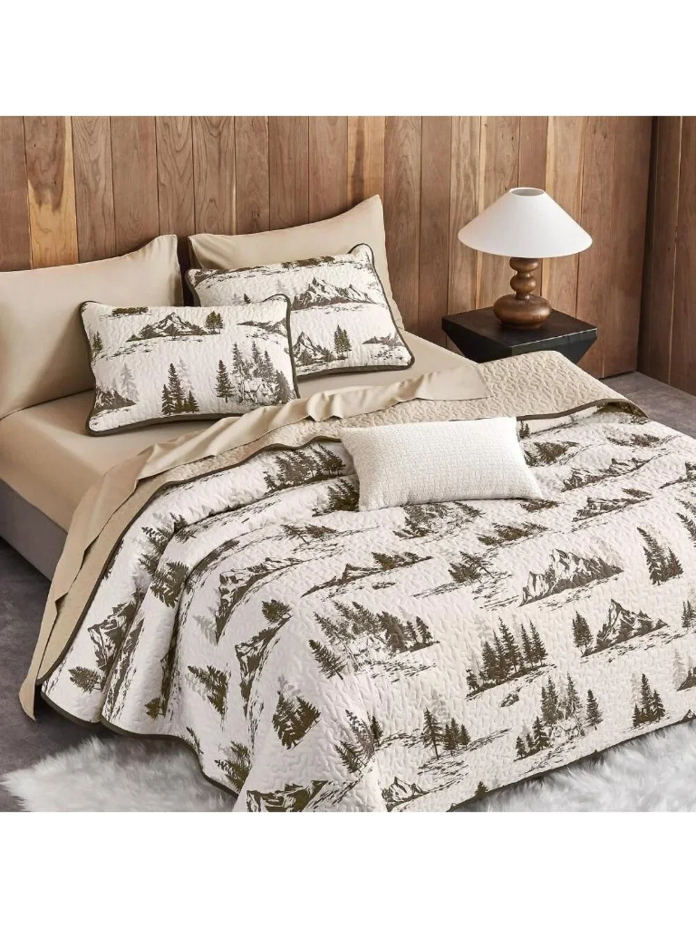Rustic Cabin Quilt Set - Woodland Camping Theme, Reversible Lightweight